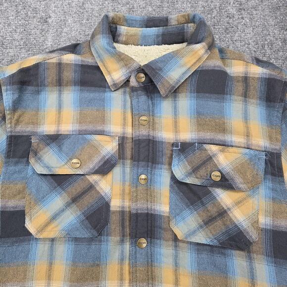 CQR Shirt Jacket Mens Small Blue Yellow Plaid Sherpa Lined Flannel Heavyweight - Picture 12 of 16